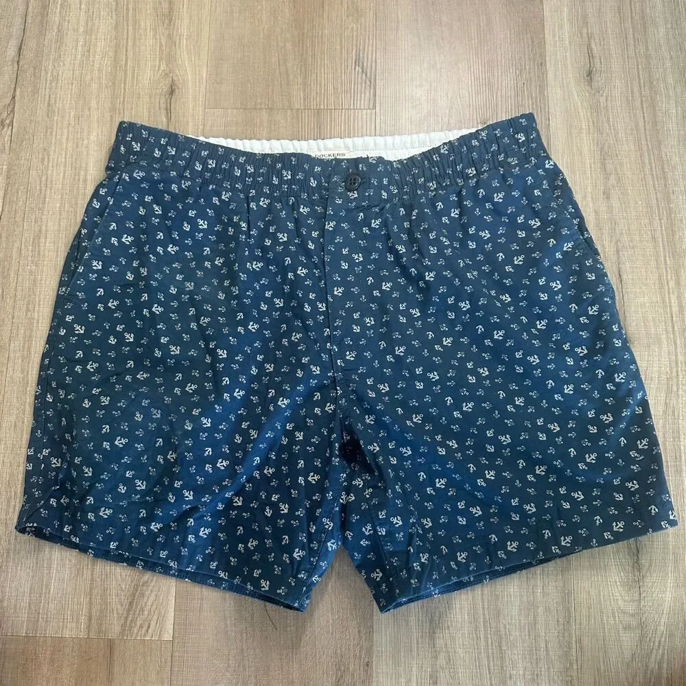 Dockers Mens L Large Stretch Shorts Flat Front Blue Nautical Anchor Casual Chino